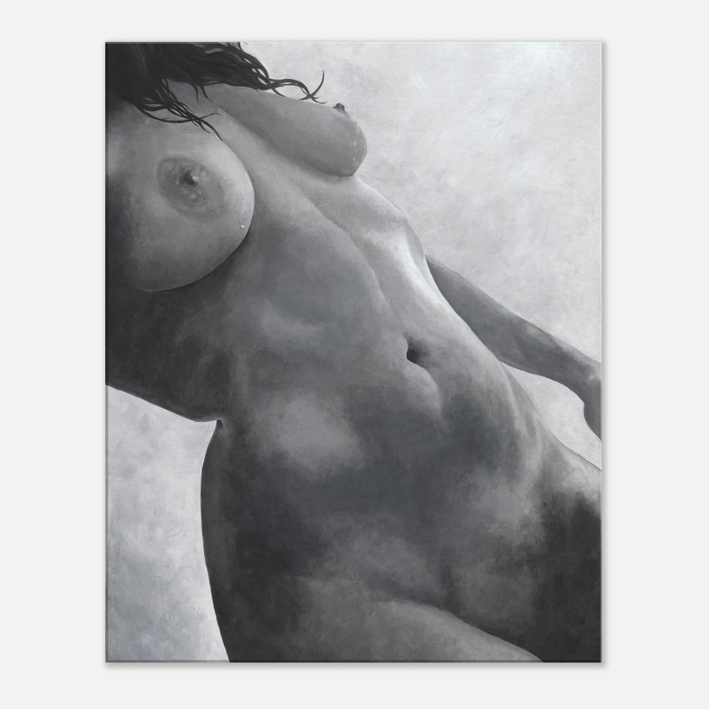 Black and white artwork of a nude figure on a textured background