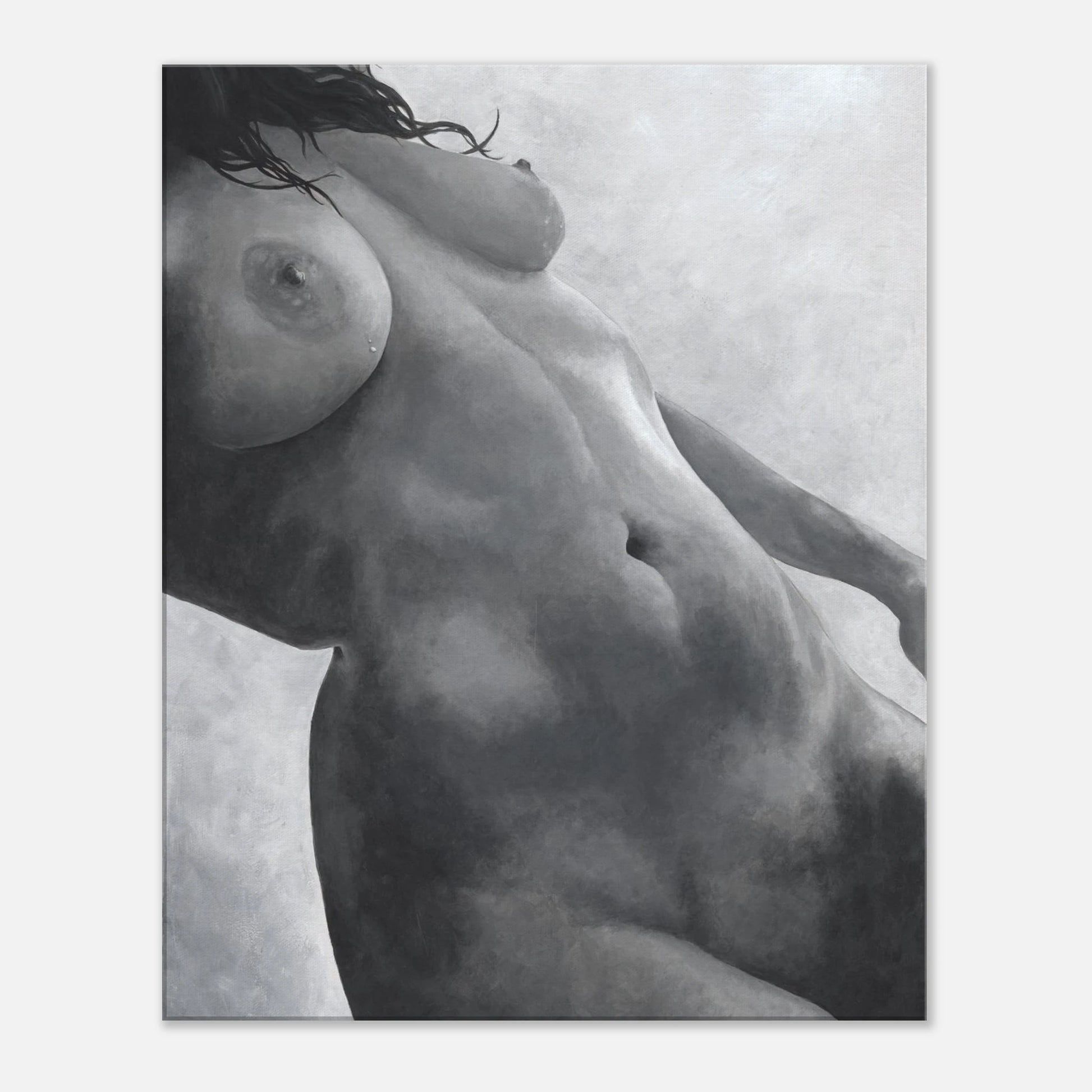 Black and white artwork of a nude figure on a textured background