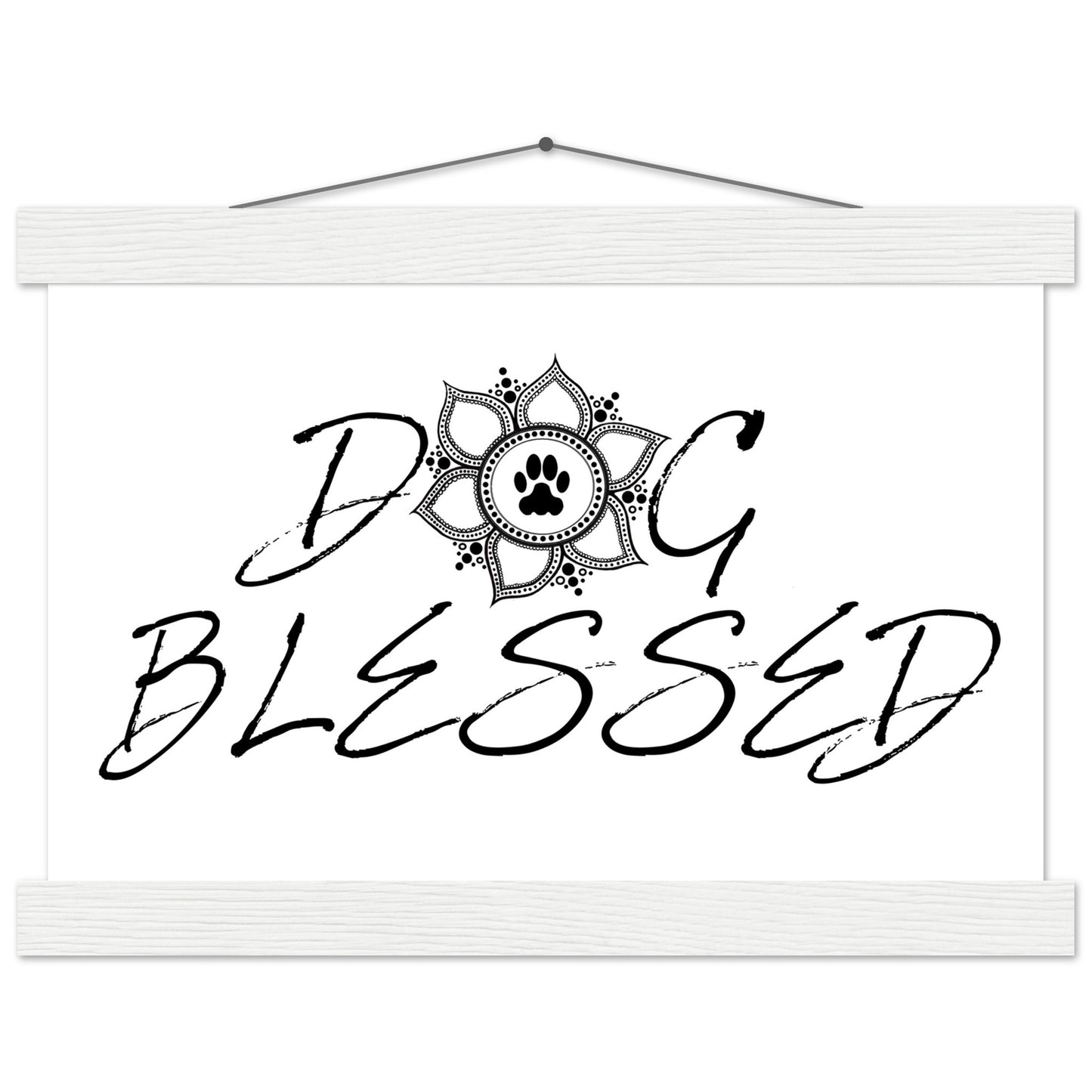 “Black and white ‘Dog Blessed’ typography design with a paw print centered inside a decorative mandala, displayed as a hanging wall sign with a white frame