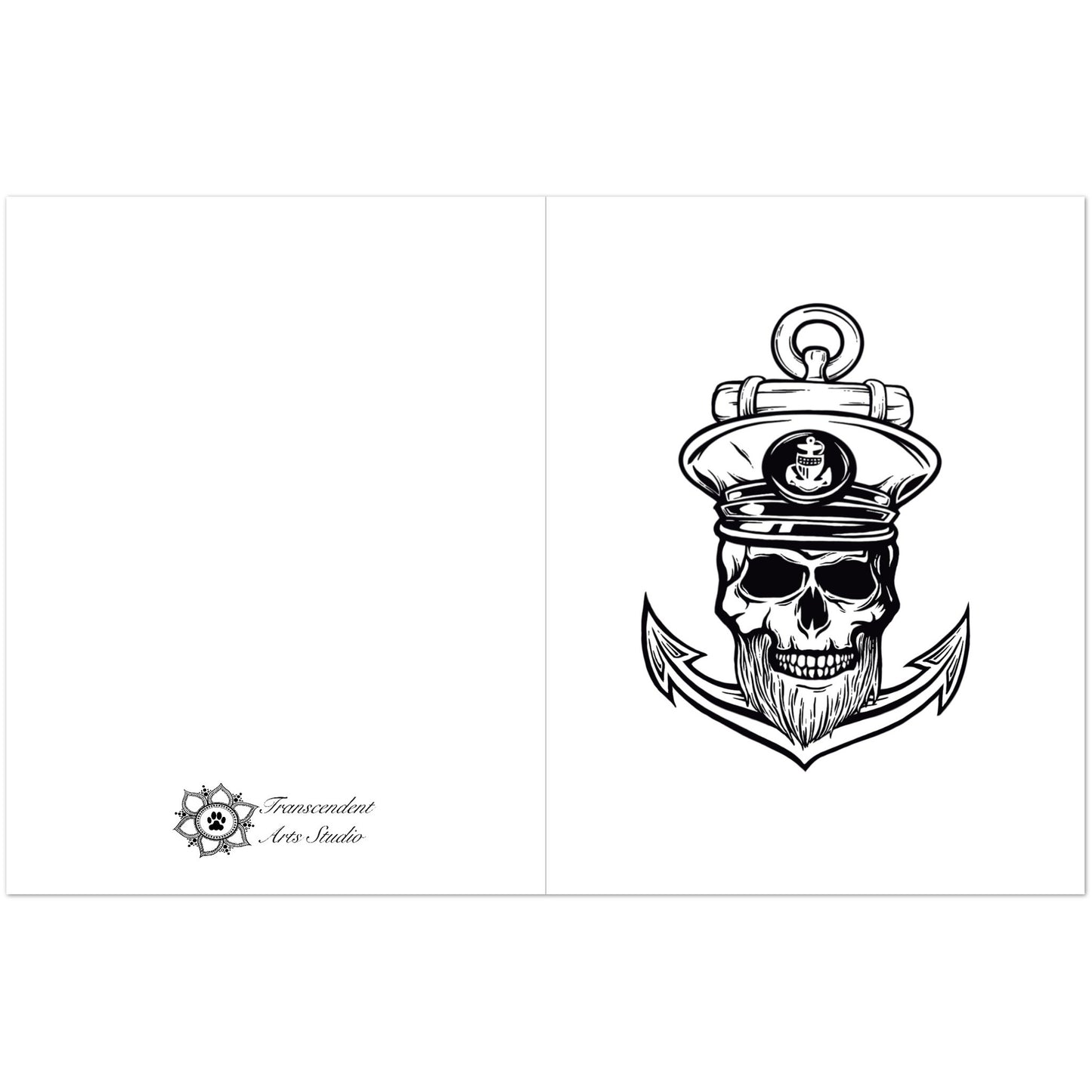 An open greeting card with a Black and white illustration of a skull with a captain's hat and anchor, featuring the brand 'Transcendent Art Studio'.