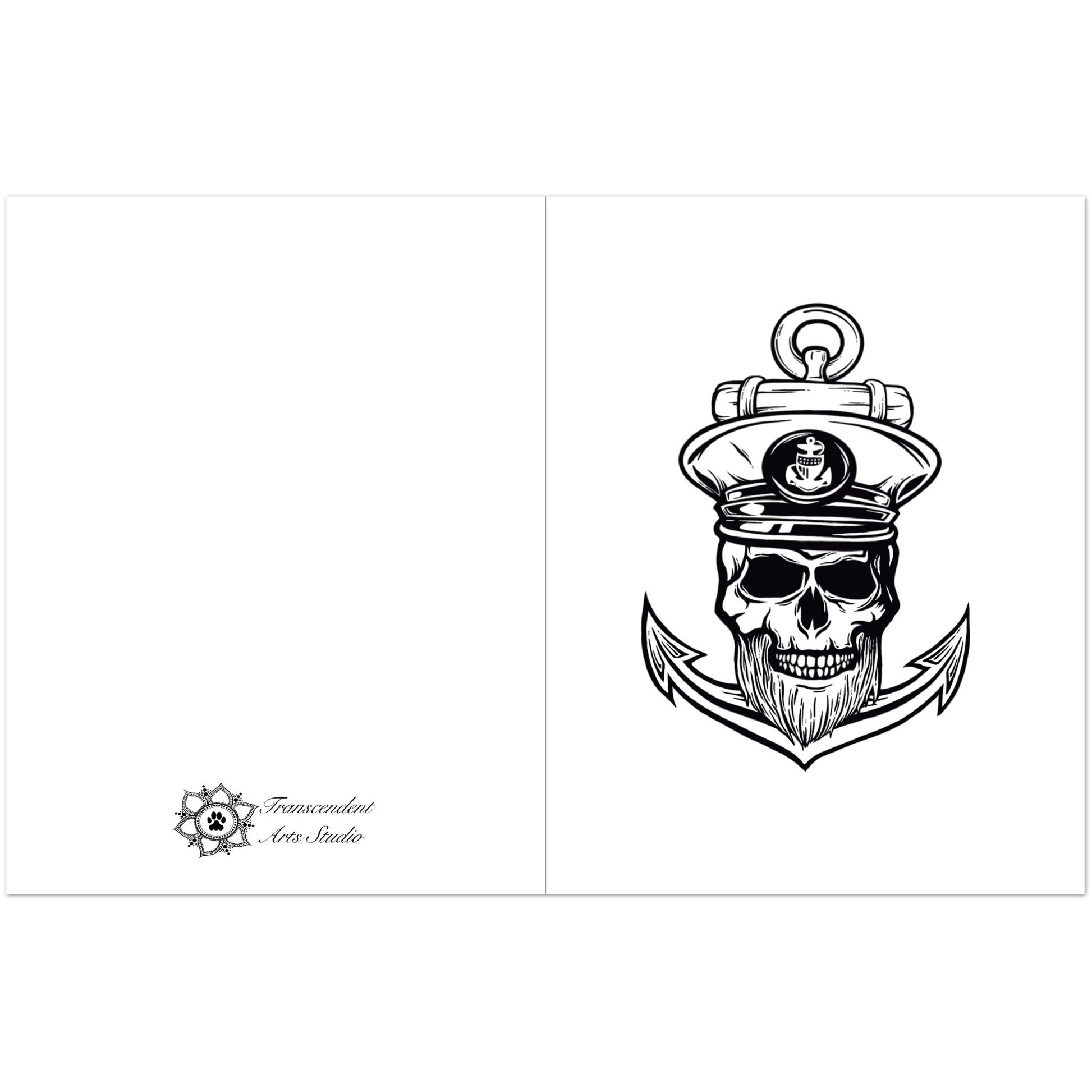 An open greeting card with a Black and white illustration of a skull with a captain's hat and anchor, featuring the brand 'Transcendent Art Studio'.
