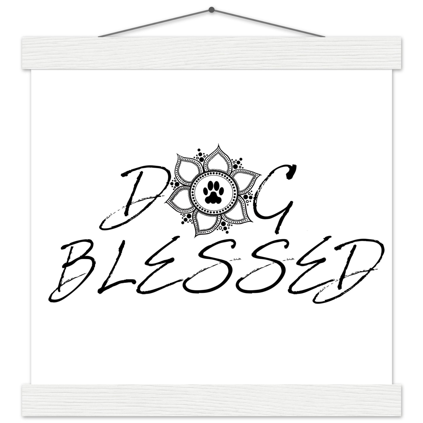“Black and white ‘Dog Blessed’ typography design with a paw print centered inside a decorative mandala, displayed as a hanging wall sign with a white frame