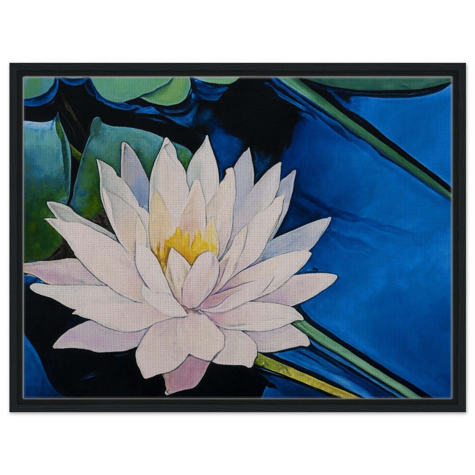 Framed artwork of a white water lily with a blue background