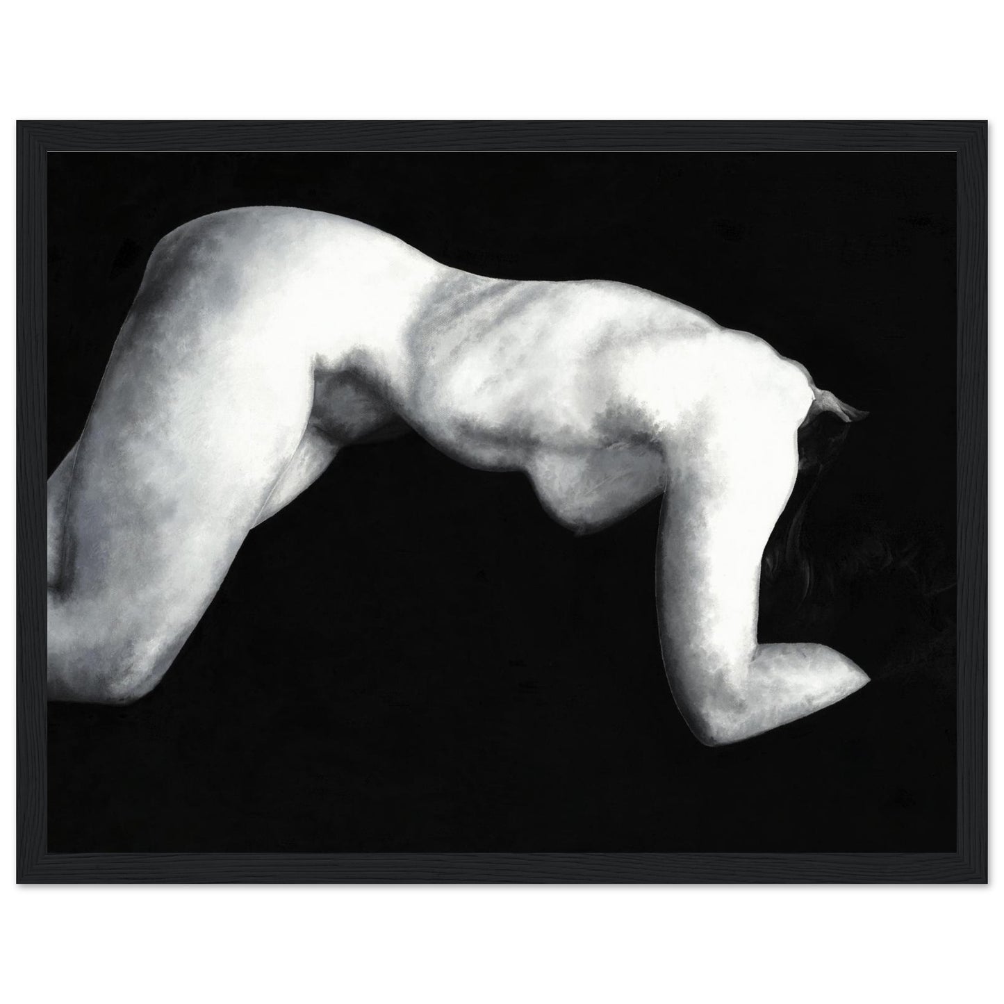 A black and white artwork of a reclining nude female figure framed with a black wooden frame. 