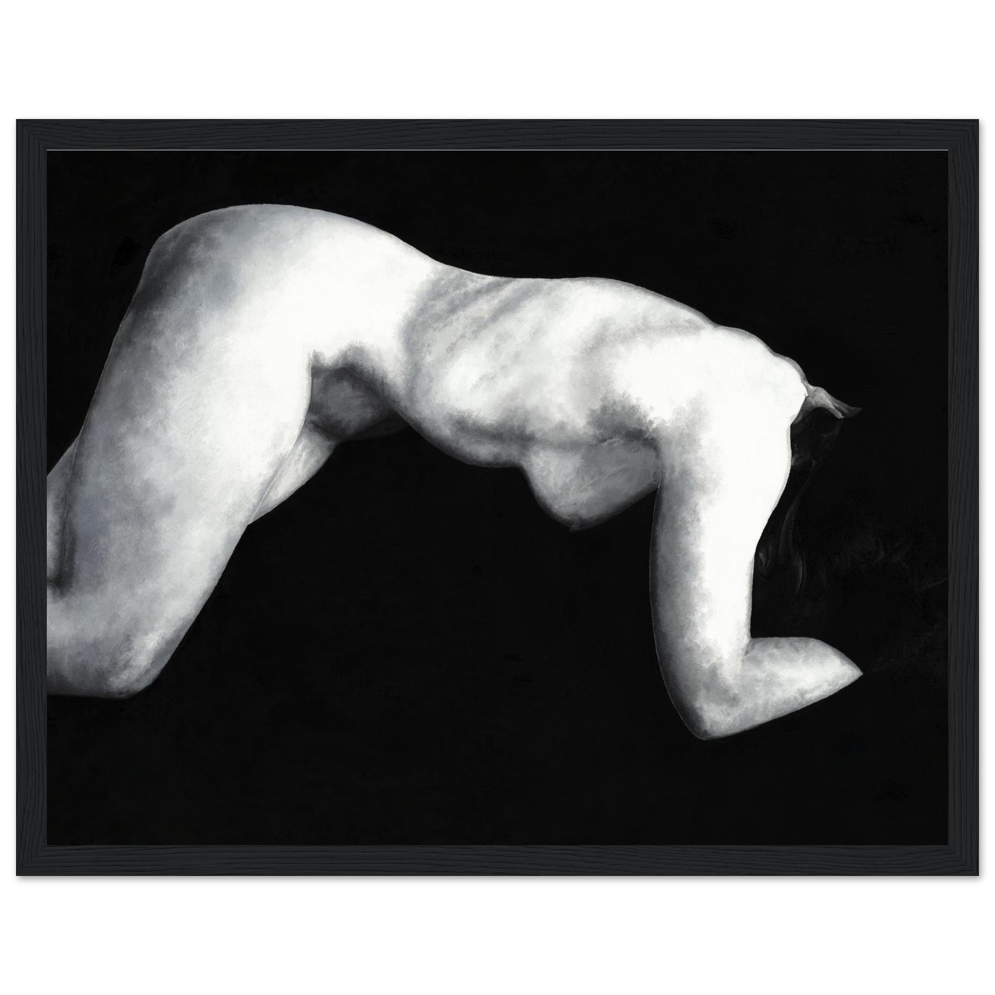 A black and white artwork of a reclining nude female figure framed with a black wooden frame. 
