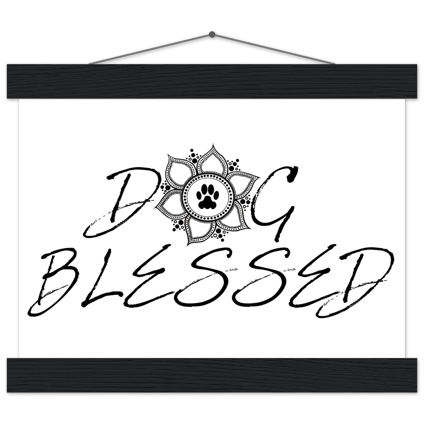 “Black and white ‘Dog Blessed’ typography design with a paw print centered inside a decorative mandala, displayed as a hanging wall sign with a frame