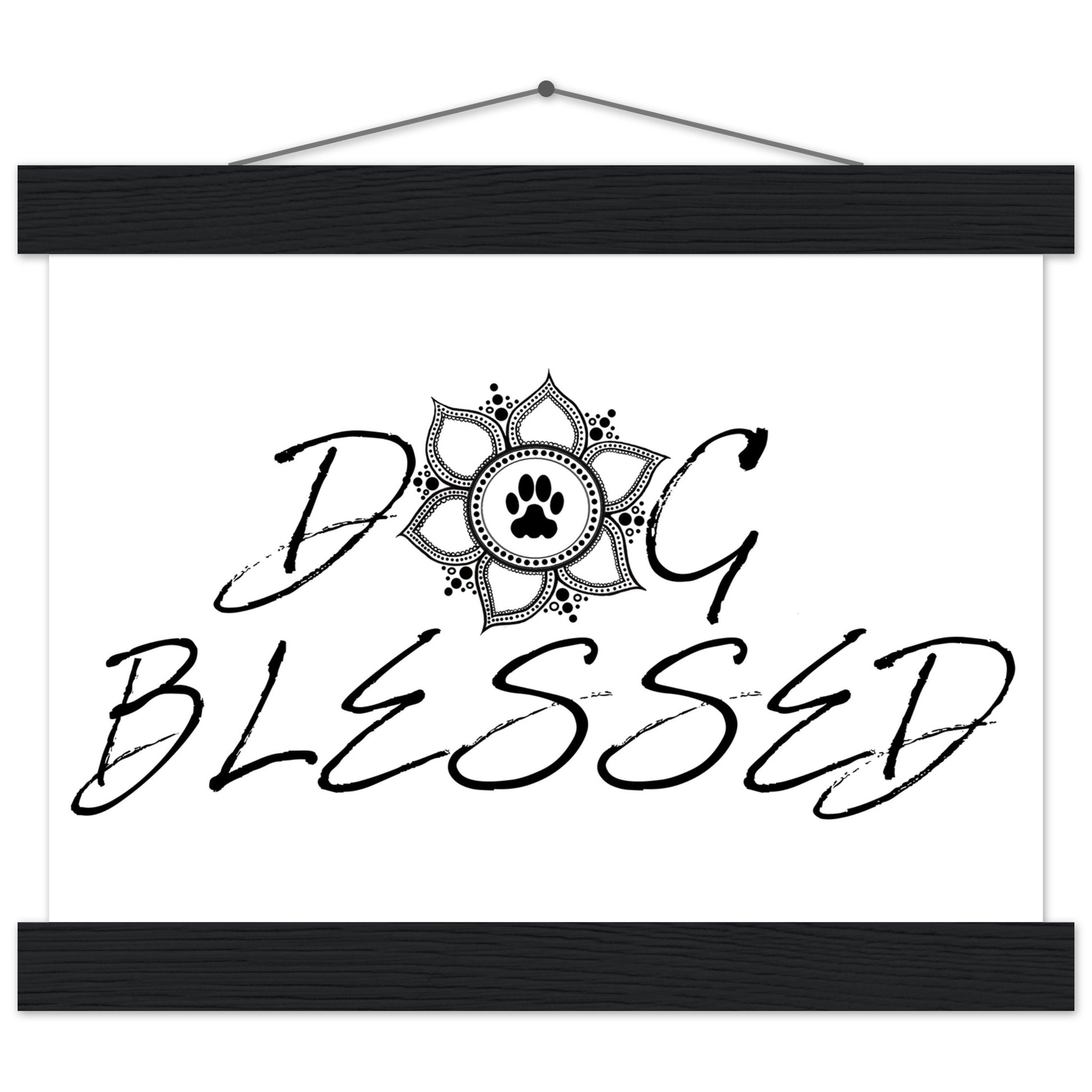 “Black and white ‘Dog Blessed’ typography design with a paw print centered inside a decorative mandala, displayed as a hanging wall sign with a frame