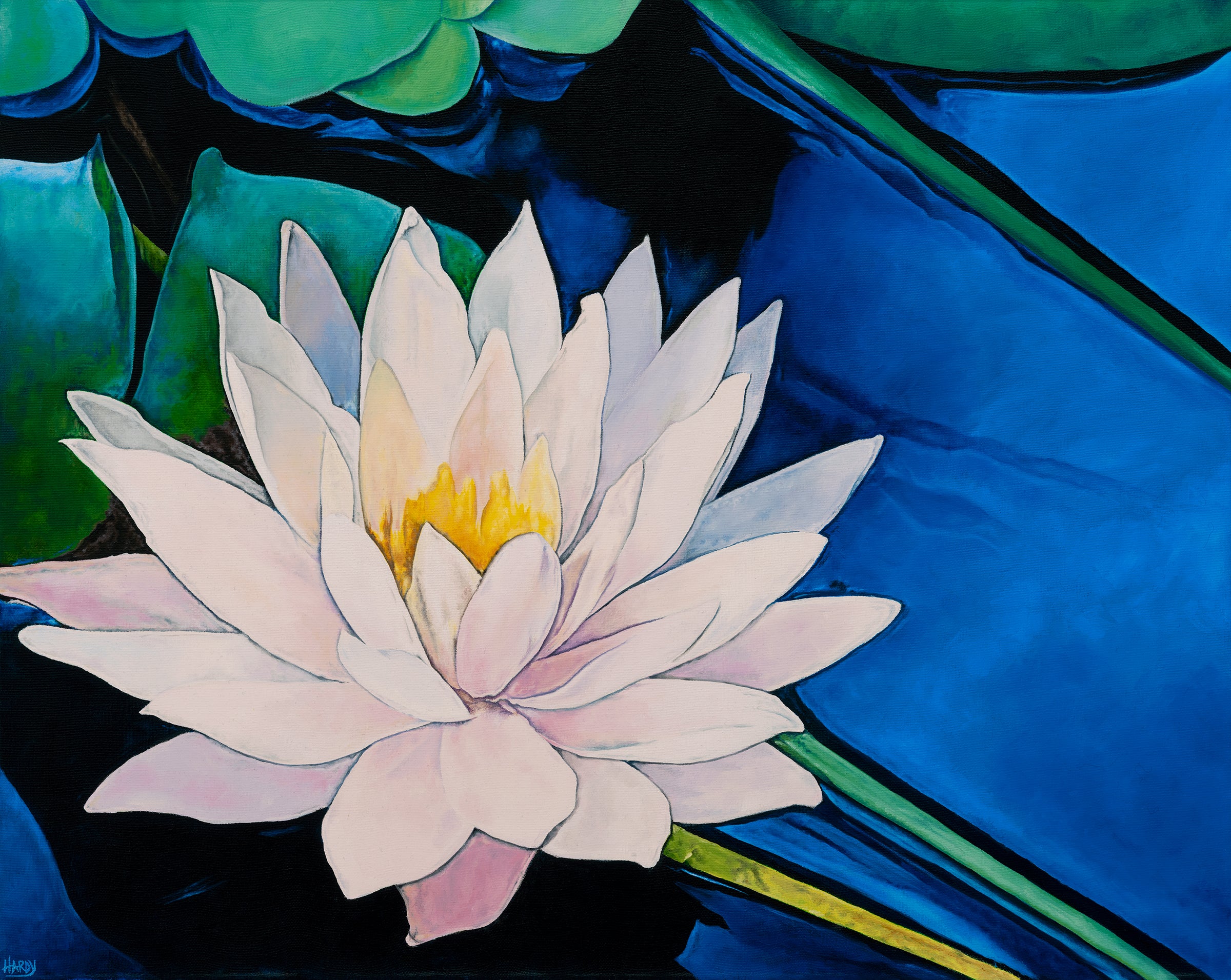 a white and pink waterlily painting with a blue background